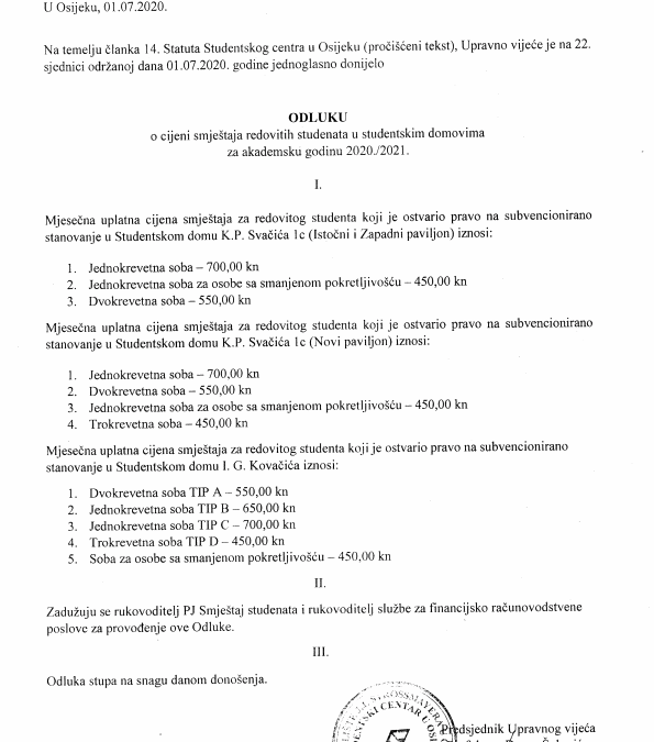 Odluka o cijeni smještaja redovitih studenata u studentskim domovima za akademsku godinu 2020./2021.